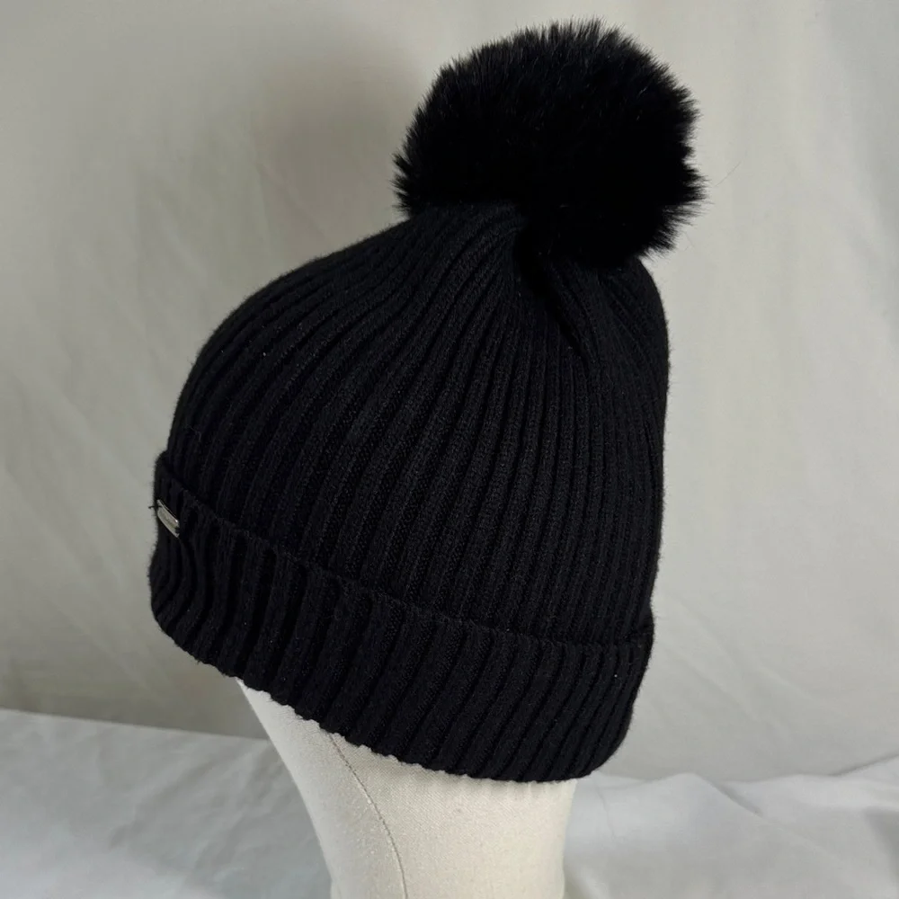 Steve Madden Black Ribbed Knit Beanie with Pom Pom